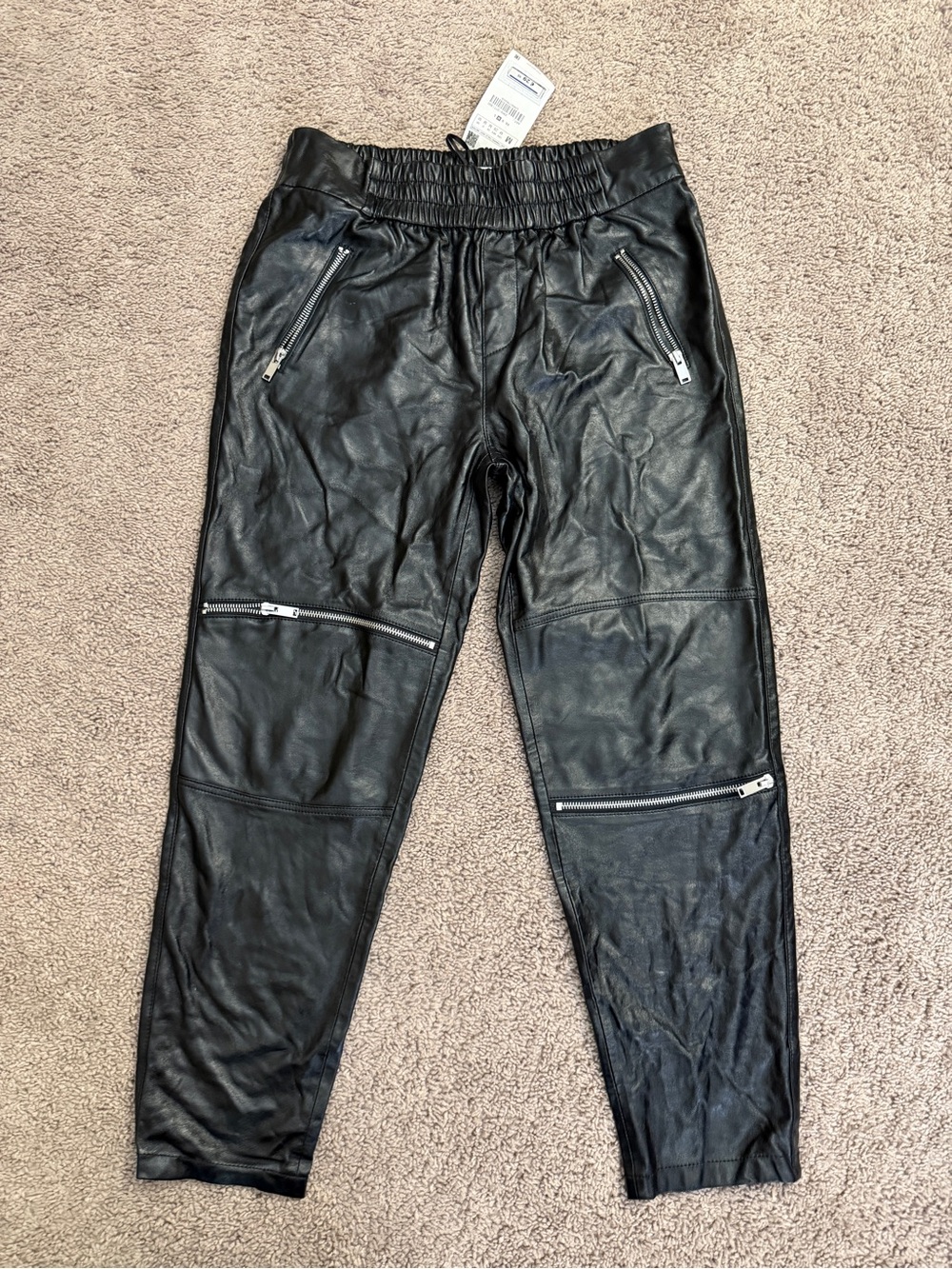 Zara Faux Leather Ankle Pants Women size Medium Black Zip Jogger Bottom